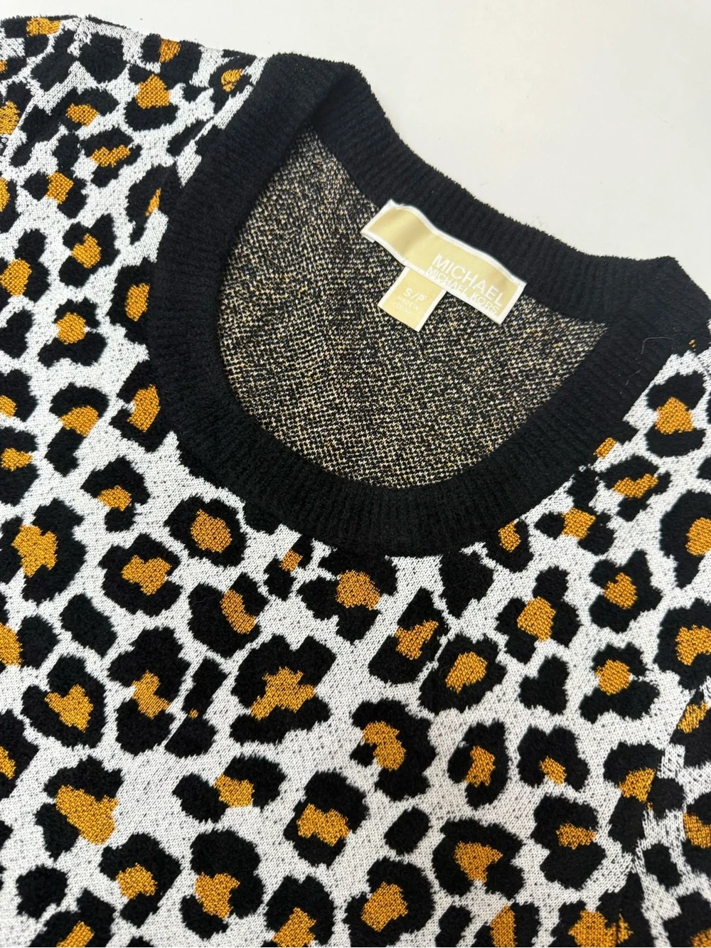Michael Kors Leopard Print Short knit Sleeve Top - Black, Tan
